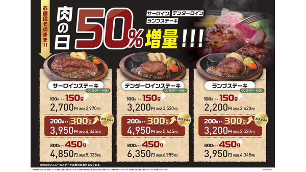 「ステーキのあさくま」肉の日、サーロイン・テンダーロイン・ランプが50%増量に　9月26日・27日限定 画像