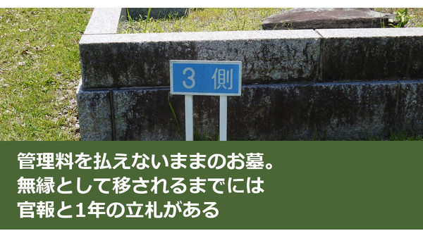 管理料を払えないままのお墓。無縁として移されるまでには官報と1年の立札がある 画像