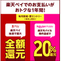 1年間ずーっと毎月抽選で全額還元！さらに楽天モバイル新規契約で20%還元