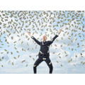 <p>A happy businessman in a celebrating pose with loads of money in the air, all on the background of the sky. Business and finance. Succesful people. Earning money.</p>