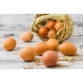 <p>Natural brown eggs fallen from a straw basket on white wooden background</p>