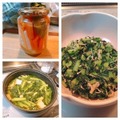 別の日に作り置きした「根菜類のピクルス・小松菜と厚揚げの煮物・大根の葉の炒め物」