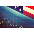 <p>Economic and financial crisis concept. Stock market graphs and usd dollar against ameican flag on dark background</p>