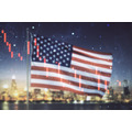 <p>Economic crisis chart and world map hologram on USA flag and blurry skyscrapers background, bankruptcy and recession concept. Multiexposure</p>