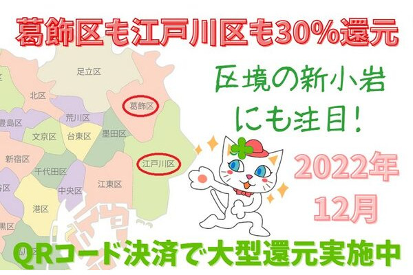 【2022年12月】葛飾区も江戸川区も30％還元！スーパー、コンビニも一部還元対象　区境の新小岩にも注目 画像