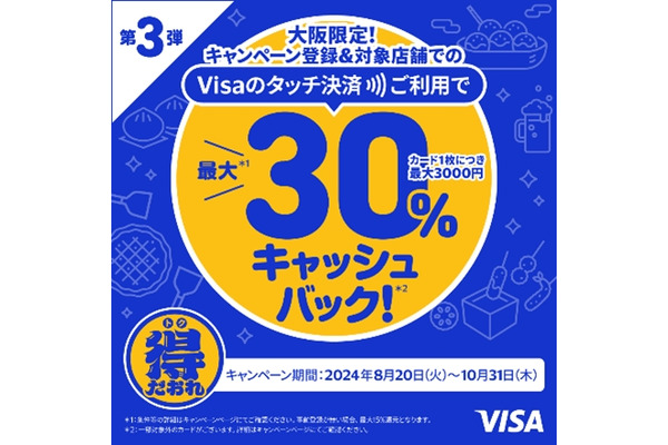 15%キャッシュバック　大阪限定Visaタッチ決済キャンペーン第3弾(8/20-10/31) 画像