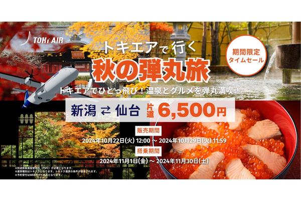 本日12時から片道6,500円のタイムセール！「トキエア」11月の新潟＝仙台線を特別価格で提供 画像