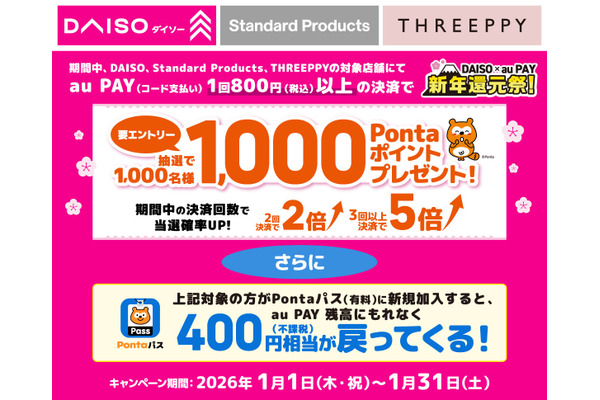 ダイソーでau PAYを使うと1,000Pontaポイント当たる！Pontaパス新規加入特典も 画像