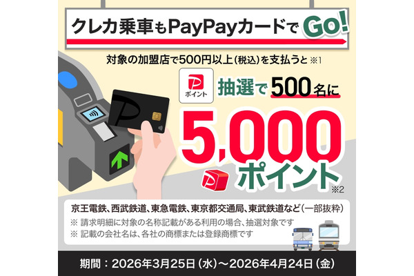 PayPayカードで電車・バスのタッチ決済！ポイント5000円が抽選で当たる 画像