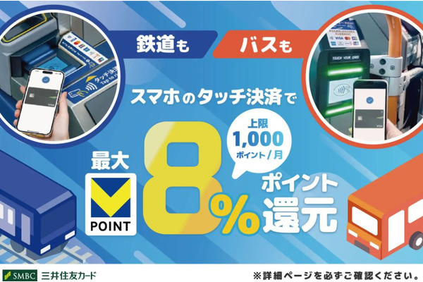 三井住友カードのスマホタッチ決済で電車・バスに乗ろう！最大8%還元 画像
