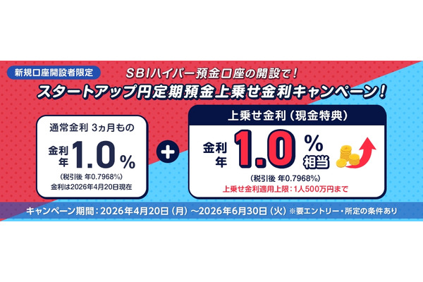 SBI新生銀行の新規口座開設×スタートアップ円定期預金で金利年2.0%相当を獲得 画像