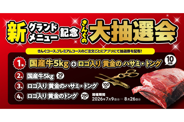 【焼肉きんぐ】グランドメニューリニューアル記念「きんぐの大抽選会」を7月9日より開催 画像