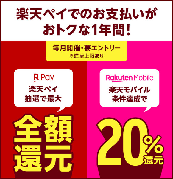 1年間ずーっと毎月抽選で全額還元！さらに楽天モバイル新規契約で20%還元