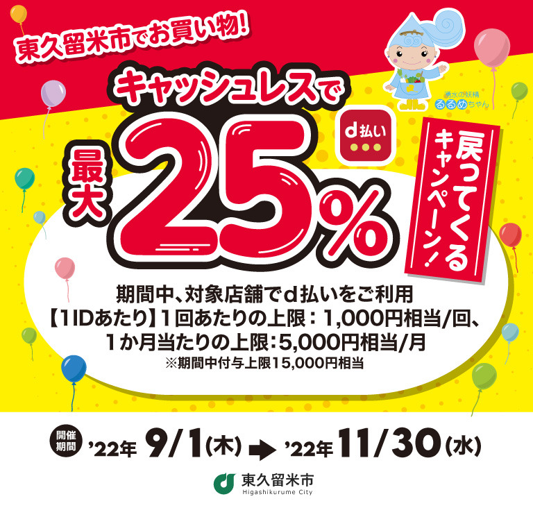 東久留米市でお買い物！キャッシュレスで最大25％戻ってくるキャンペーン！