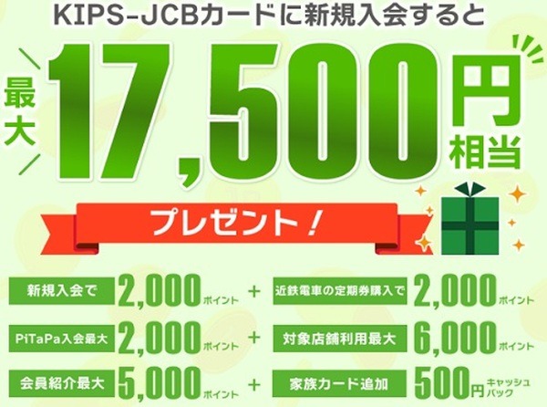 KIPS-JCBカードでの定期券購入などで最大1万7,500ポイント