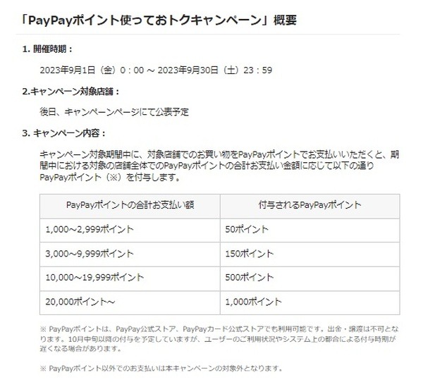 PayPayポイントで支払うことで最大1,000円相当のPayPayポイントが後日戻ってくるキャンペーンが2023年9月に始まります