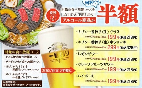 【夏得2】アルコール5品 何杯でも「半額」※対象の食べ放題コースの注文必須