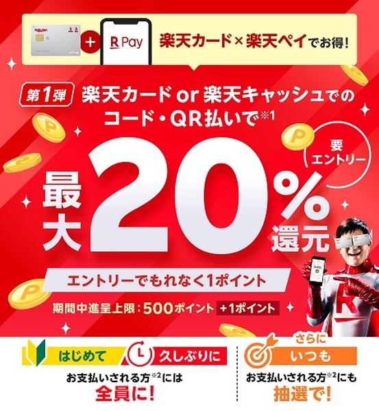 楽天カード・楽天キャッシュを支払い元に設定した楽天ペイで最大20%還元