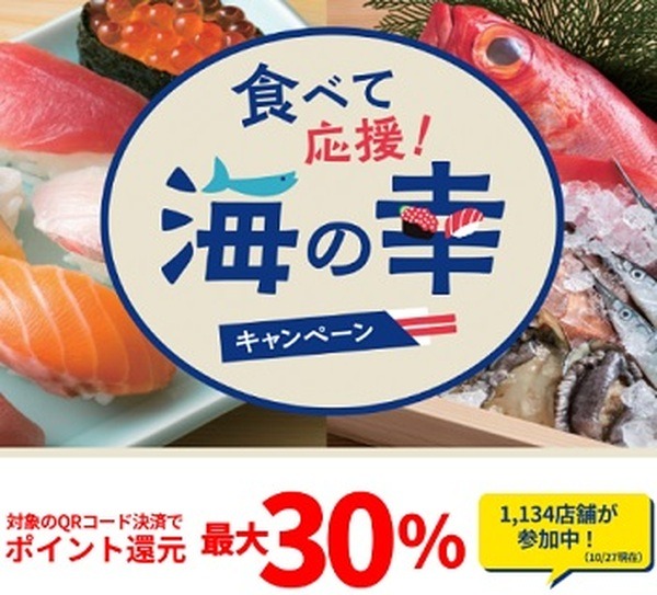 （10/27～12/8）都内の寿司店・鮮魚小売店でのQRコード決済で30%還元