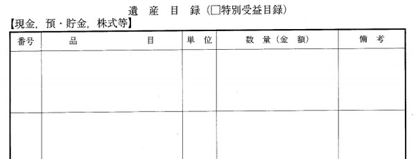 遺産目録（現金、預・貯金、株式等）