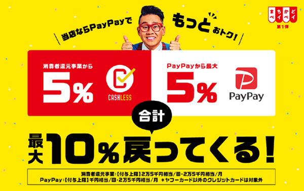 PayPay 還元対象店舗で、さらに5％を上乗せして合計最大10％をいつでも還元