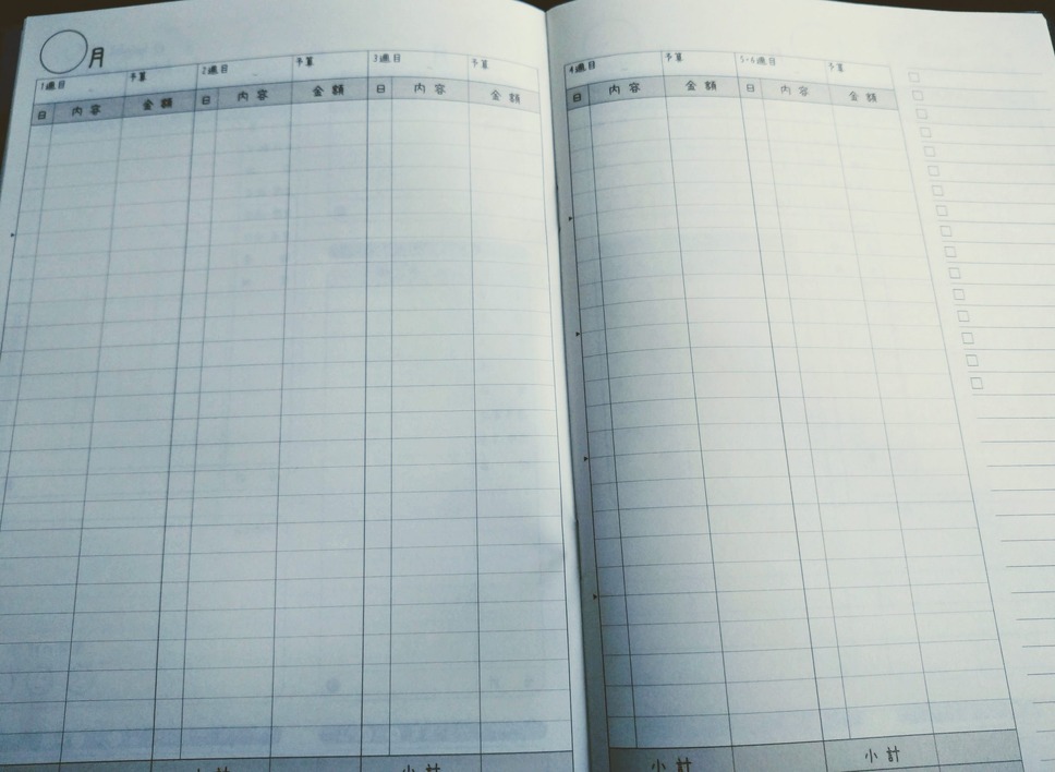 2ページ目は、縦1列で1週間分の出金を記帳、週ごとに集計できる