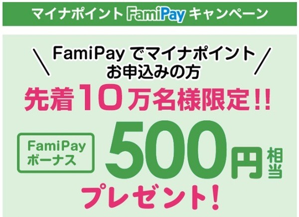 FamiPayでマイナポイントに申し込むと、先着10万名に500円相当のFamiPayボーナスがプレゼントされるキャンペーンを、7月1日～9月30日まで実施予定