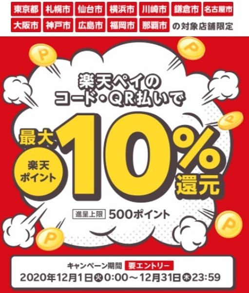 楽天ペイ：全国主要12都市で10％還元