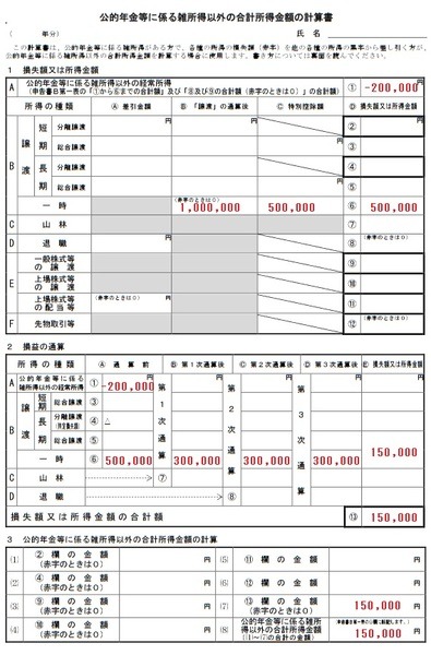 公的年金等に係る雑所得以外の合計所得金額の計算書の記載例