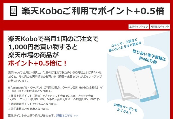 楽天koboを1度の注文で1000円以上が月1回あればSPU0.5倍