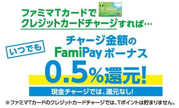 ファミマTカードからのクレジットチャージでFamiPayボーナス0.5％還元