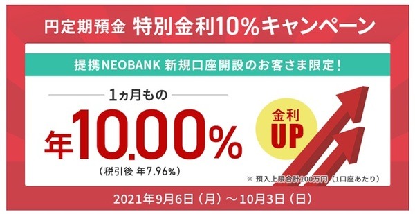 住信SBIネット銀行の提携NEOBANKの1か月円定期年金利10％キャンペーン