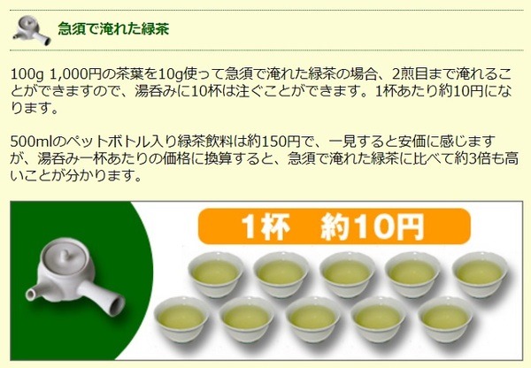 緑茶1杯のコスト