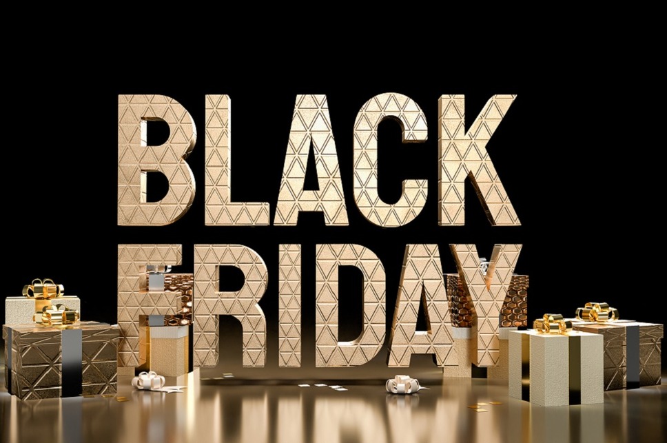 Black Friday gold text and gift boxes for offer or promotion sho