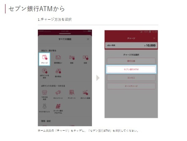 セブン銀行ATMでのチャージ方法