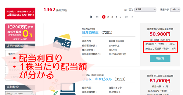 岡三オンラインの株主優待検索画面
